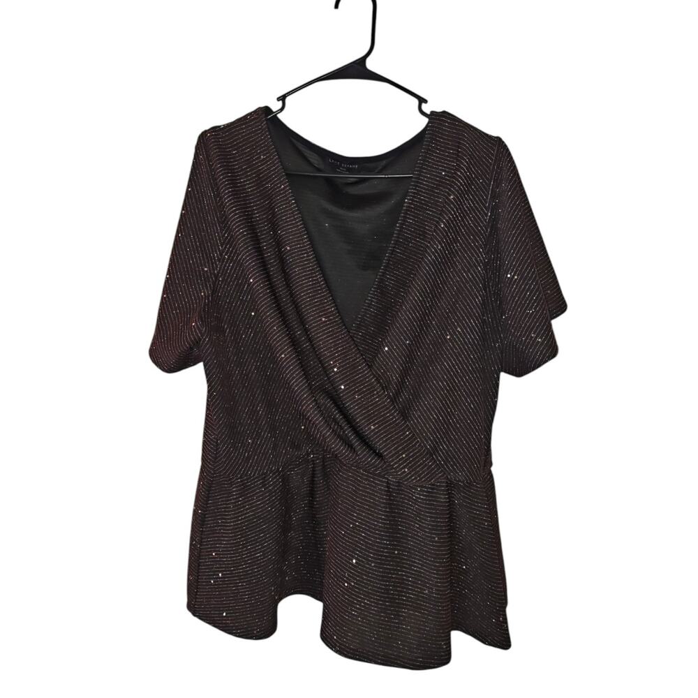 Lane Bryant Black Classic Flutter Sleeve V Neck Peplum Blouse Size 22/24 Sequins